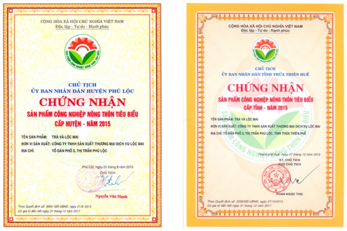 Chứng nhận "Sản phẩm Công nghiệp Nông thôn Tiêu biểu cấp Tỉnh 2015"