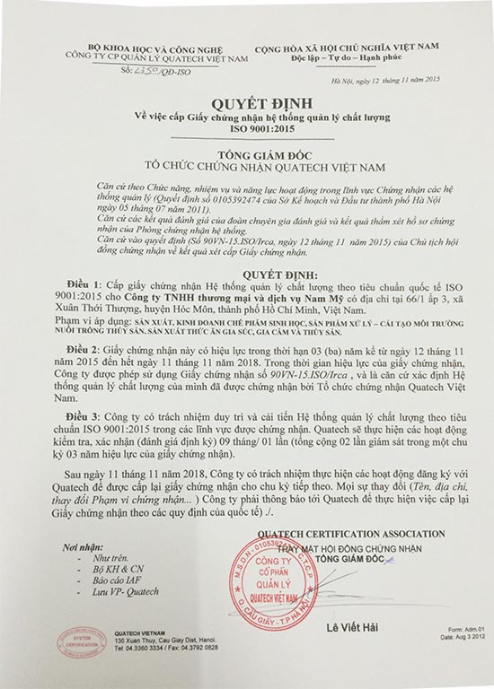 Một quyết định cấp Giấy chứng nhận ISO 9001:2015 có thể hiện việc để tên Bộ KH&CN, trong khi đơn vị này chỉ là công ty tư nhân, mặt kháccòn đề nơi nhận văn bản là Bộ KH&CN và Tổ chức Diễn đàn công nhận Quốc tế - IAF?