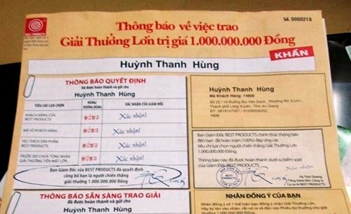 Một thông báo trúng thưởng "lừa" khách hàng của Best Products.