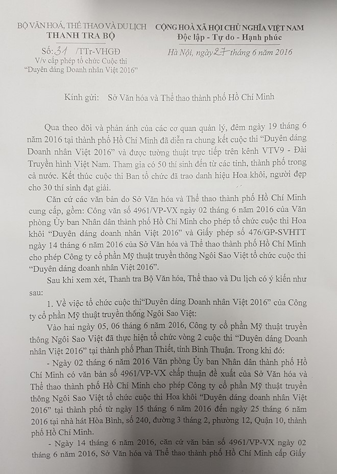 Công văn yêu cầu giải trình của Bộ.