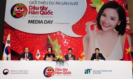 Diễn viên – ca sĩ Miu Lê tham dự sự kiện với tư cách đại sứ quảng bá dâu tây Hàn Quốc tại Việt Nam.