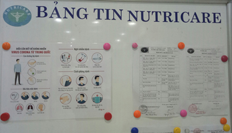 Thông tin về phòng chống dịch bệnh nCoV được dán tại bảng tin của Nutricare để nhân viên nắm bắt.
